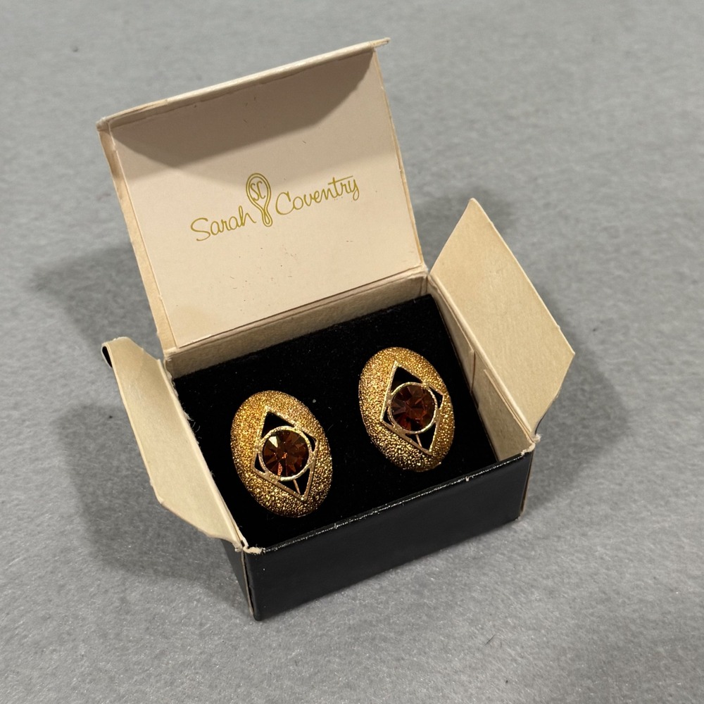 Sarah Coventry Starburst Earrings Women Gold Amber Rhinestone Clip On 7040